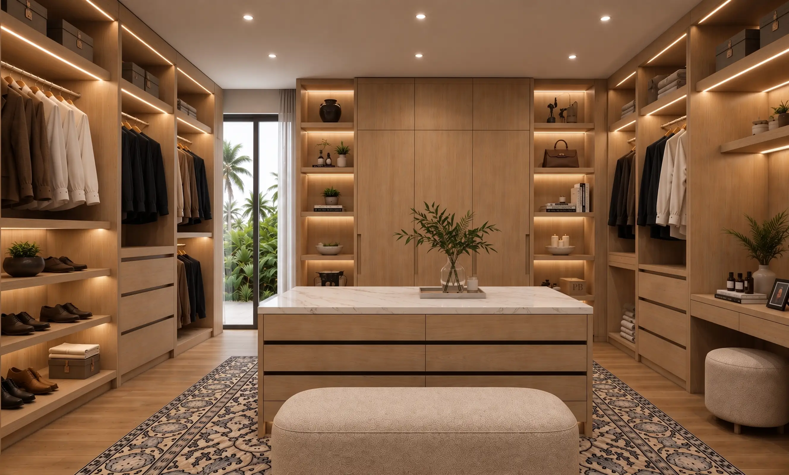 Custom light-oak walk-in closet with a marble-topped island and integrated LED lighting, designed and installed by Palm Beach Design & Installation